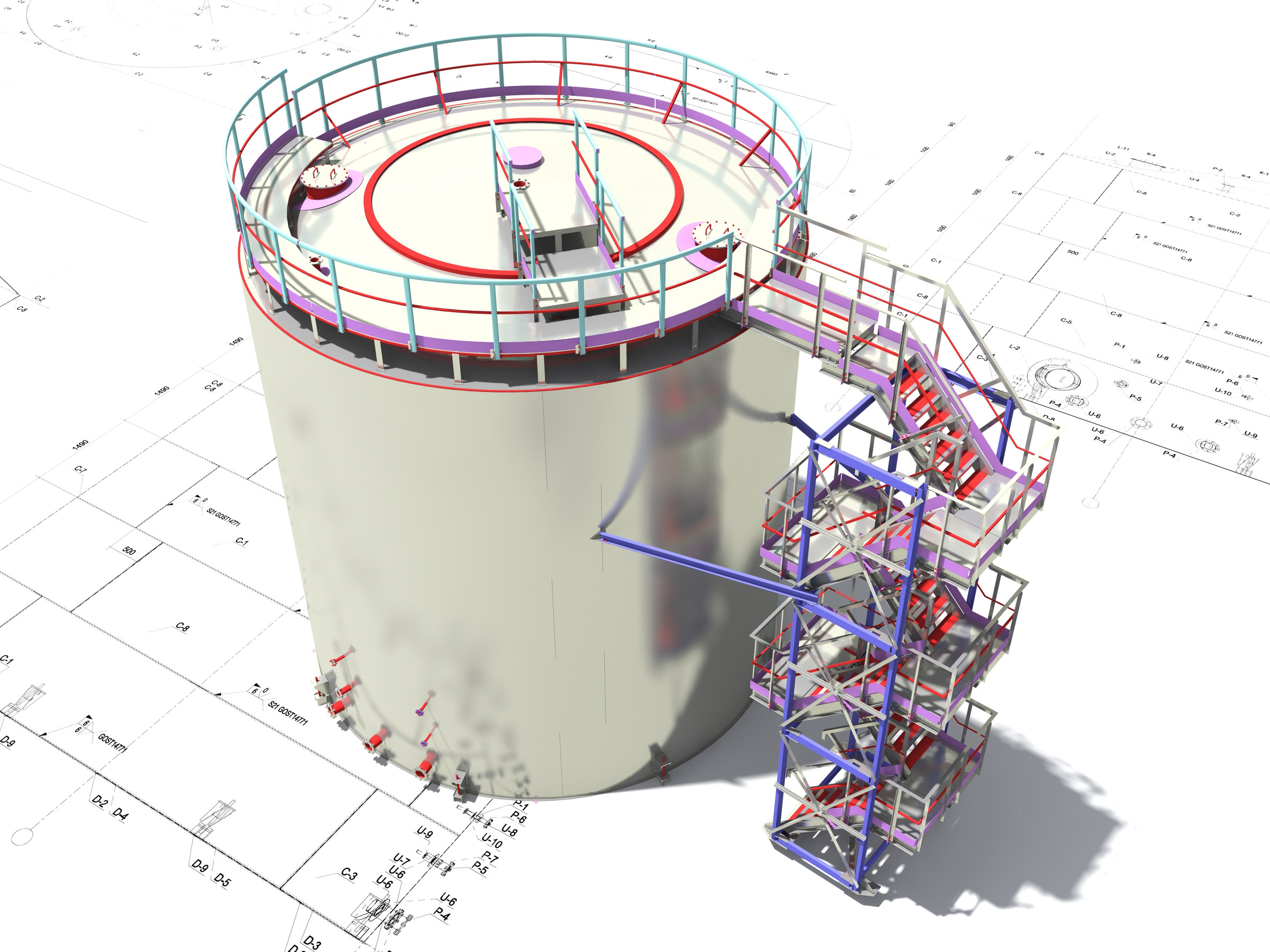 BIM project of an industrial oil storage tank for oil and gasoline. 3D rendering. Refinery. Model and drawings of the building made by engineers.